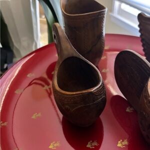 Handcrafted Wooden Cups on Red Tray